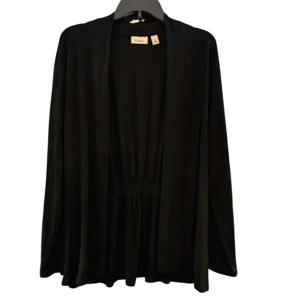 LL Bean Cardigan Womens L Black Open Front Gathered Back Coastal Preppy
